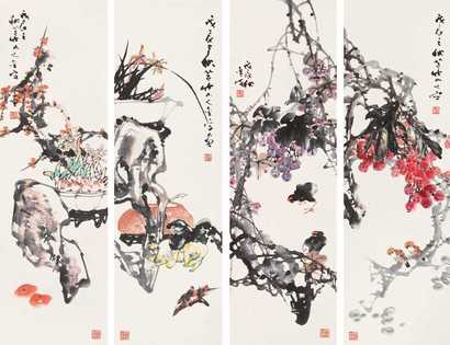 林金定 花卉 四屏